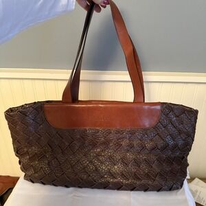 FALOR Firenze Handmade Woven Leather Tote Bag Purse Italy Brown Weave Rectangle